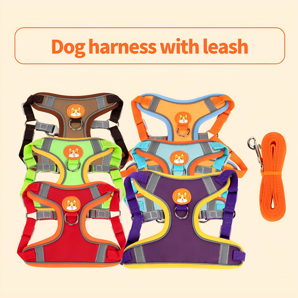 Adjustable dog harness with haulage rope and vest in multiple colour options.