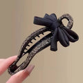 Black acrylic hair claw clip with crystal bow bobby pin back design 11.5cm total length for women