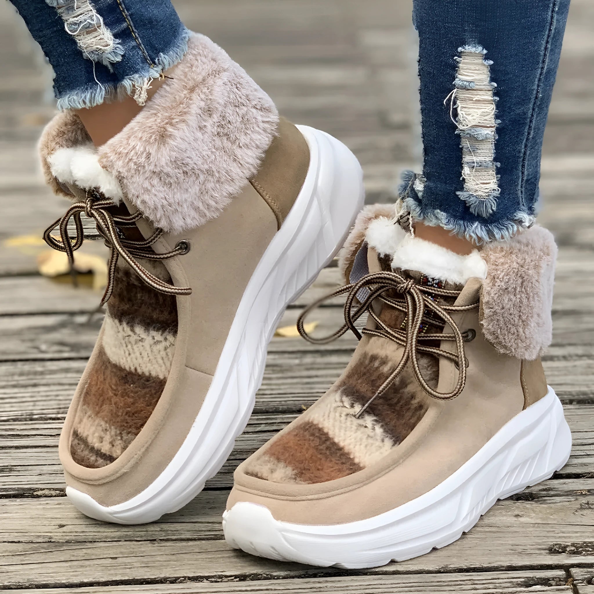 Women's beige lace-up snow boots with suede upper and platform sole