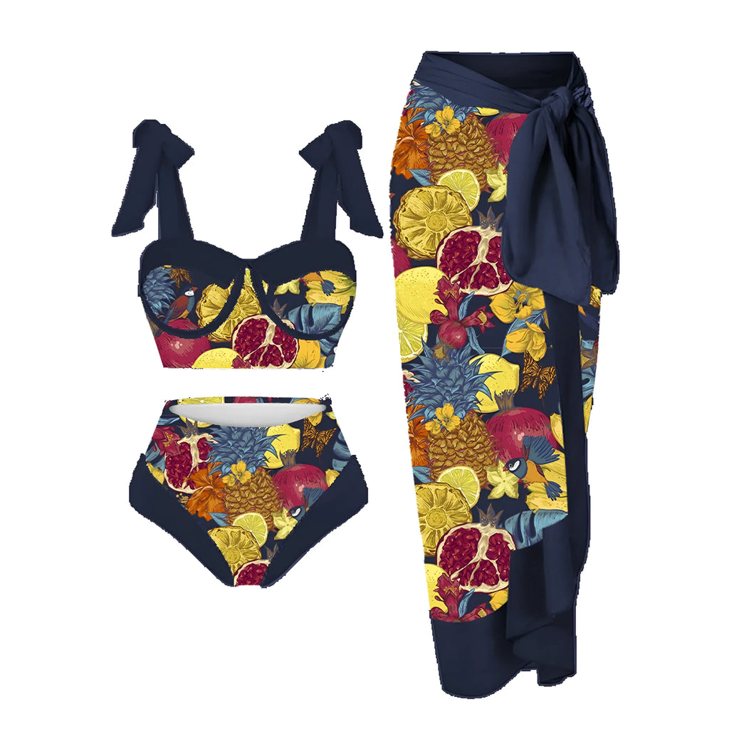 Women's printing split swimsuit three-piece set in a blue flower pattern, showing skirt, bra, and panties.