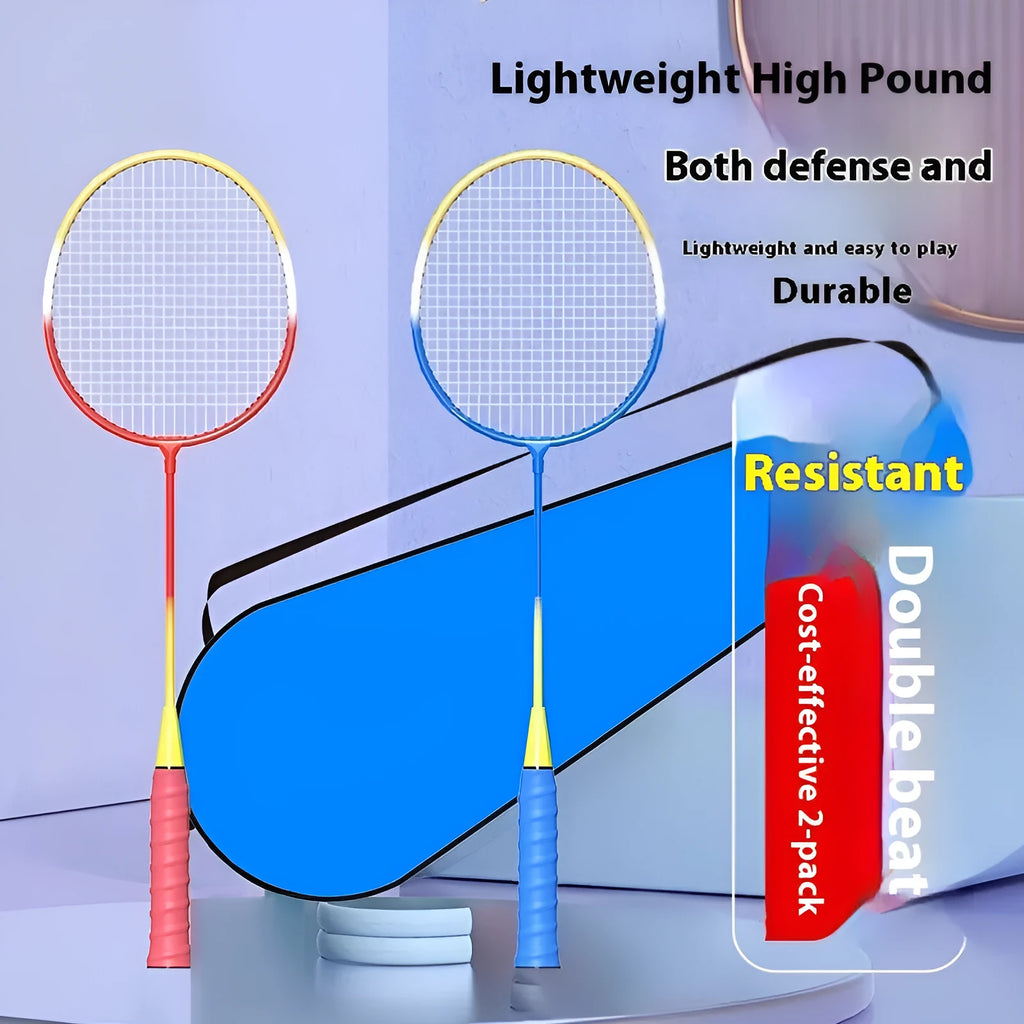 Pair of blue and red ultra-light alloy badminton rackets side by side