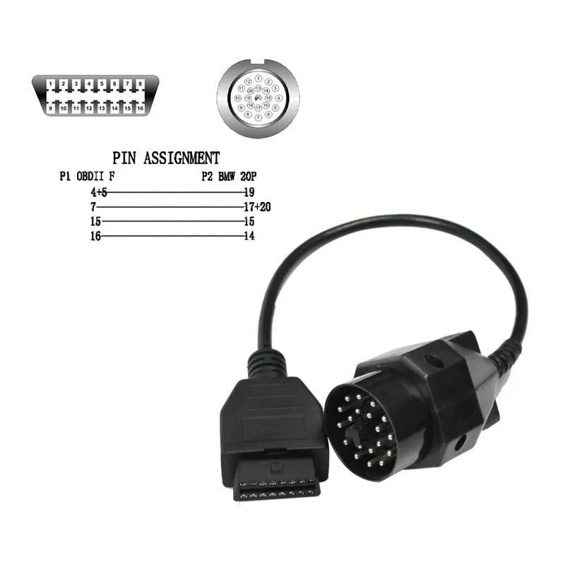 BMW OBD2 diagnostic adapter cable converting 20-pin port to 16-pin OBD2 port
