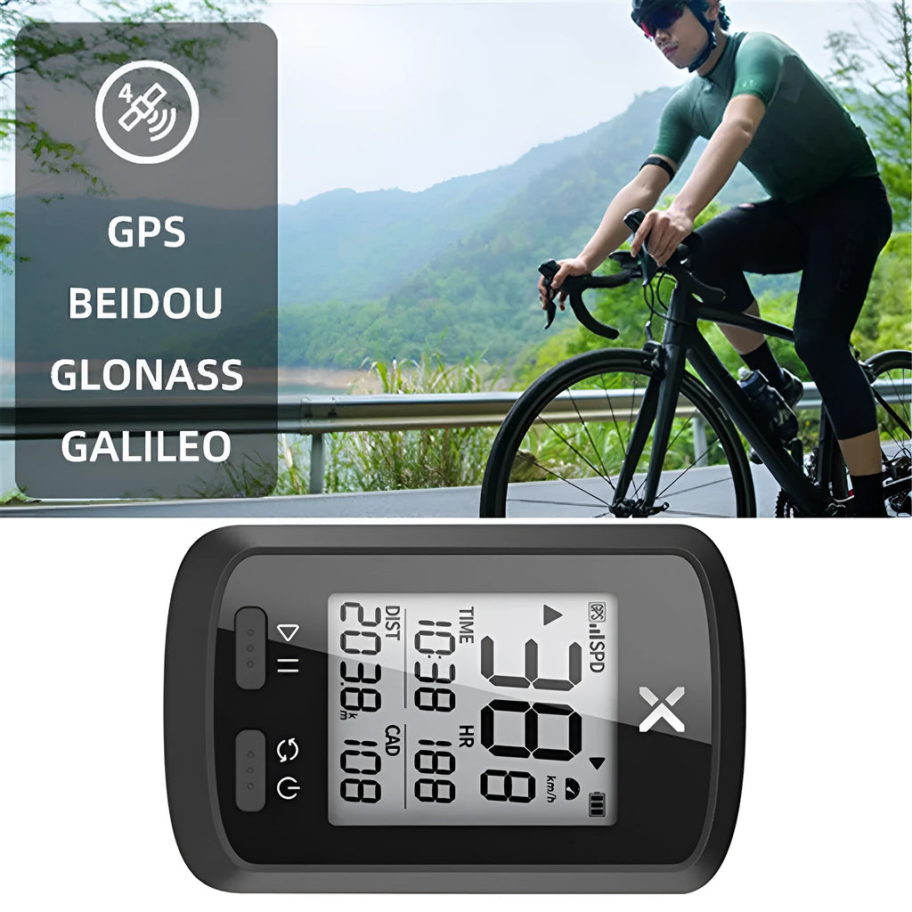 Black waterproof bicycle stopwatch mounted on bicycle handlebars