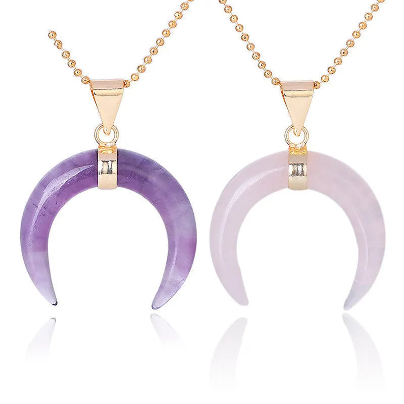 Crystal semi-precious stone moon pendant necklace with natural stone charm on 45cm chain