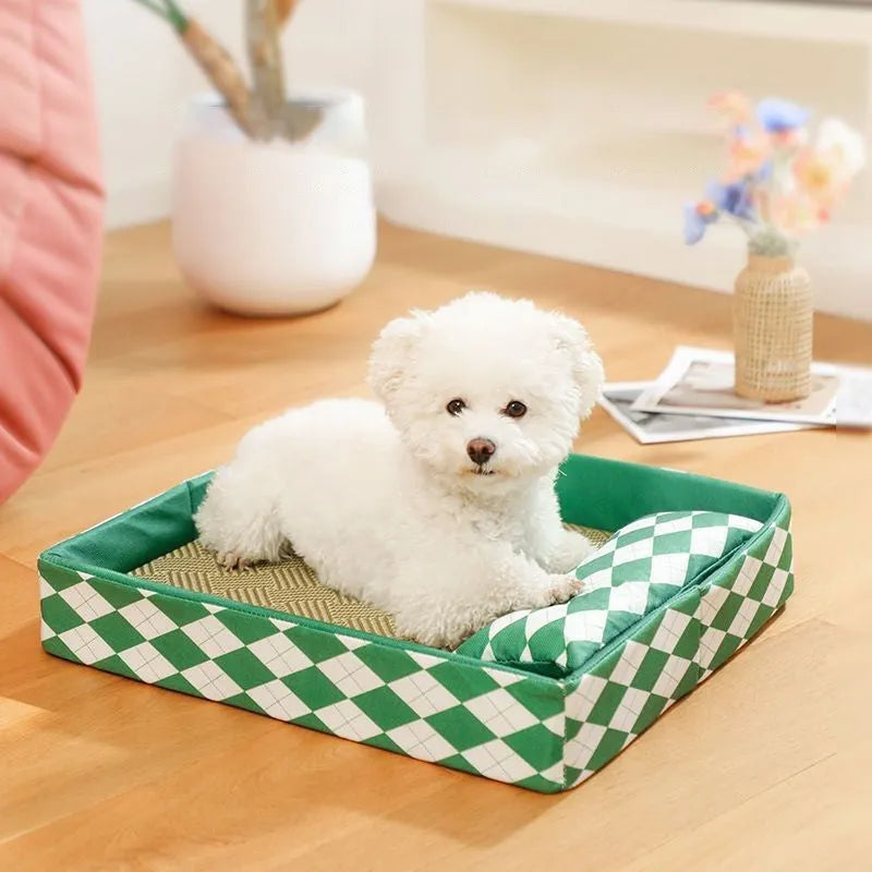 Natural rattan woven cat litter mat with removable bamboo cotton cushion cover in blue.