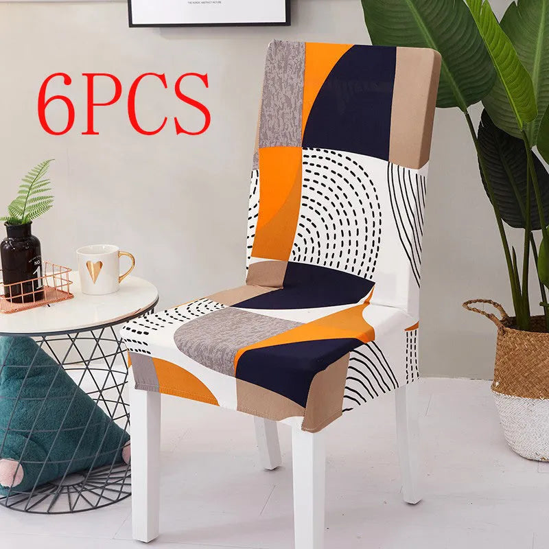 A stretchy spandex chair cover fitted neatly on a four-legged wooden dining chair.