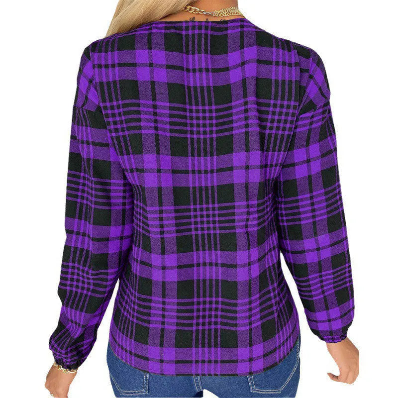 Women's purple plaid casual shirt with loose fit and regular sleeves