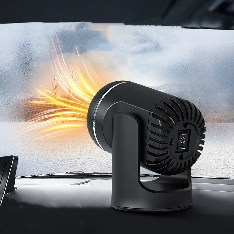 Black and white 12V car heater with dual hot cold settings for vehicle defrosting and warming
