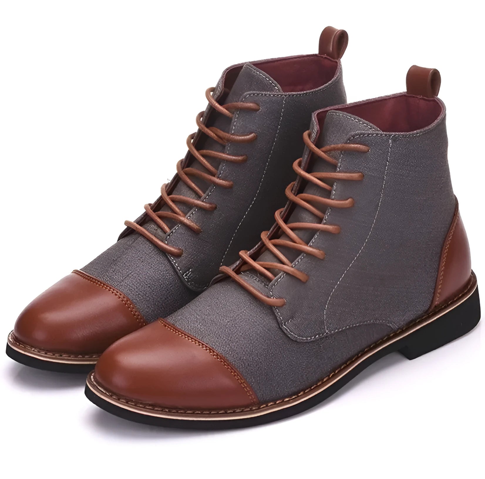 Men's leather boots with belt buckle details and rubber soles in European styling