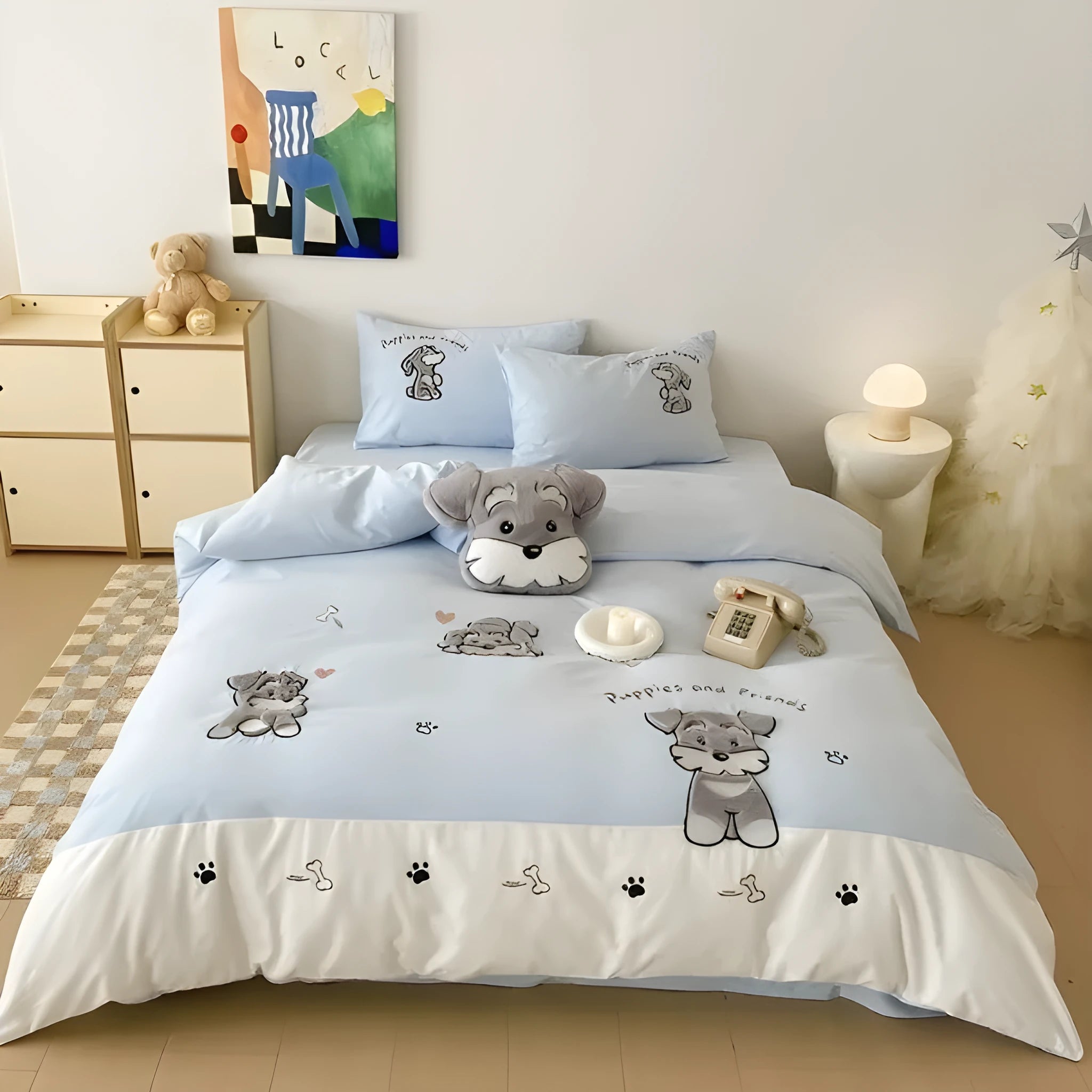 Cute cartoon Schnauzer thickened cotton bedding set with embroidered duvet cover and sheet on a bed.