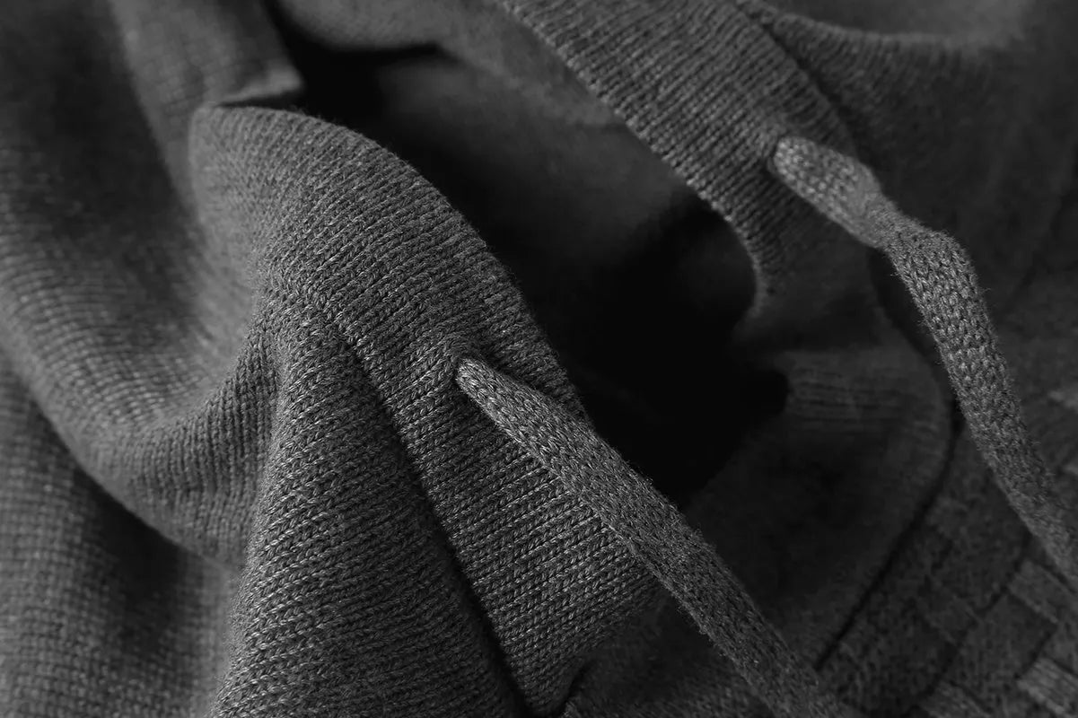Men's cotton-polyester hoodie on a hanger, available in colours like black, navy blue, red, and khaki.