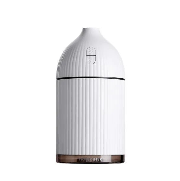 White ultrasonic aromatherapy diffuser humidifier with LED light, 300ml capacity, 80mm cube design