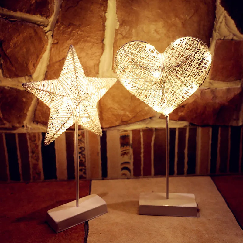 Rattan LED star lamp and heart lamp with copper wire frame for bedroom decoration