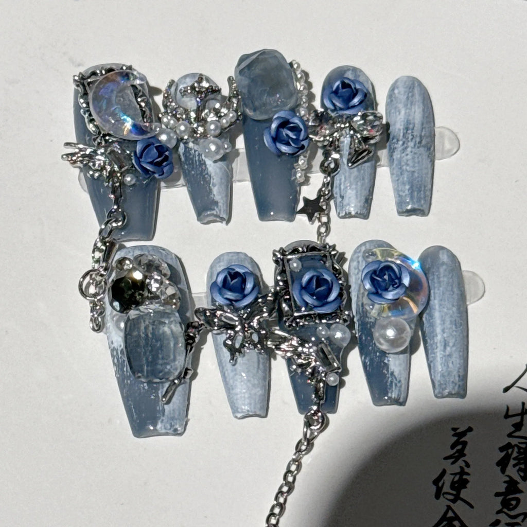 Heavy industry night blue press-on nails with ornate rose and tulip patterns in four sizes XS to L