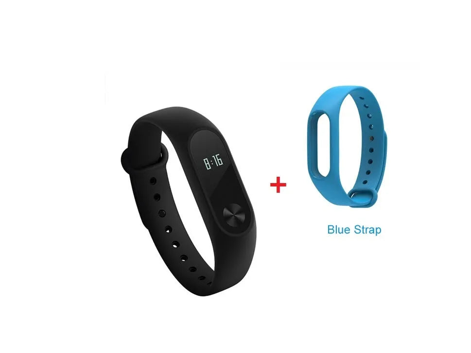 Black Xiaomi Mi Band 2 fitness tracker on wrist showing OLED display with heart rate data.
