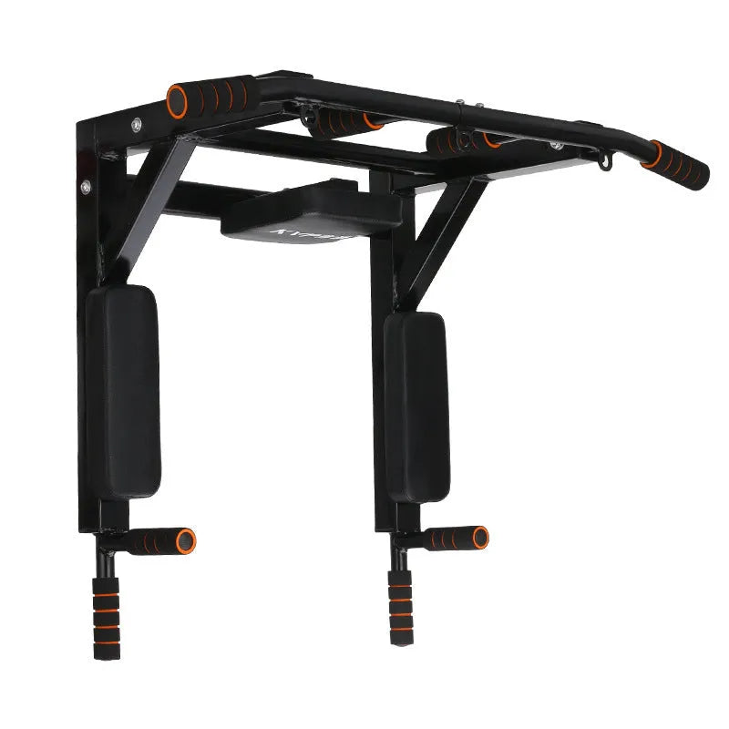 Black wall-mounted metal fitness station with a sandbag rack and single parallel bars for pull-ups