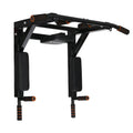 Black wall-mounted metal fitness station with a sandbag rack and single parallel bars for pull-ups