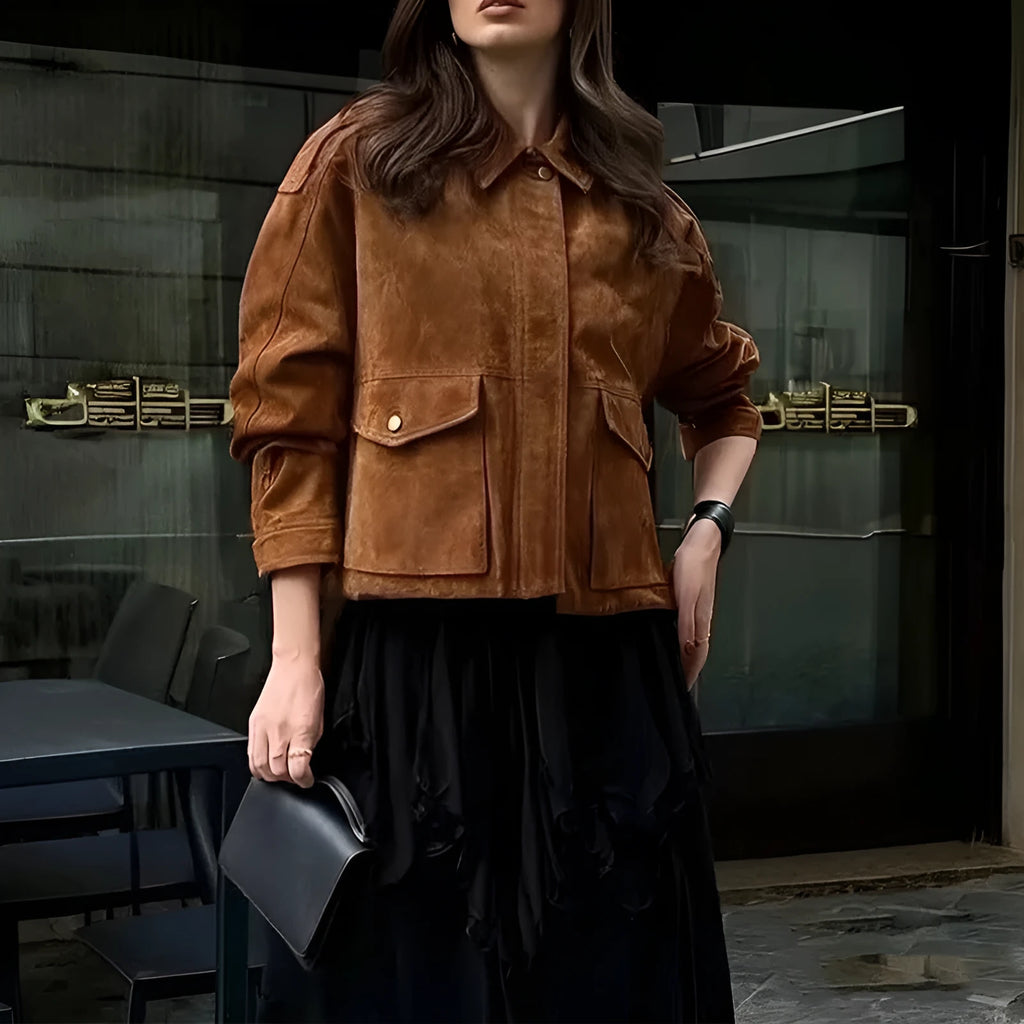 Women's bright brown polyester suede coat with regular sleeves on hanger