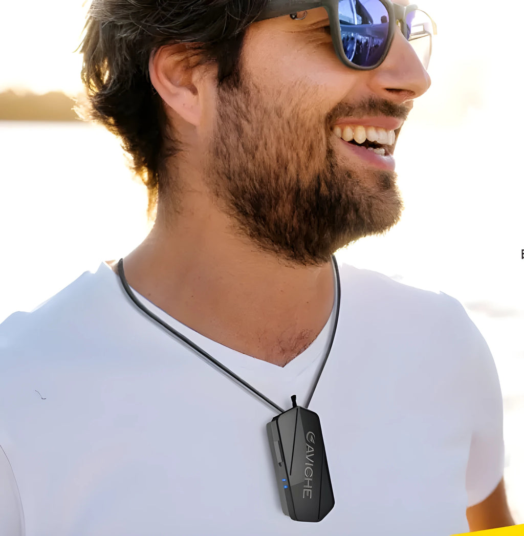 Black plastic personal air purifier necklace showing 80mm length and wearable design