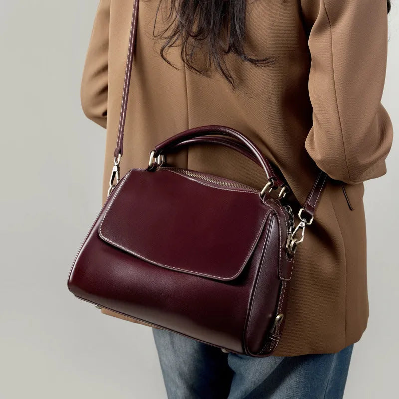 Women's genuine leather crossbody tote bag in cross-square shape with internal compartments and double shoulder straps