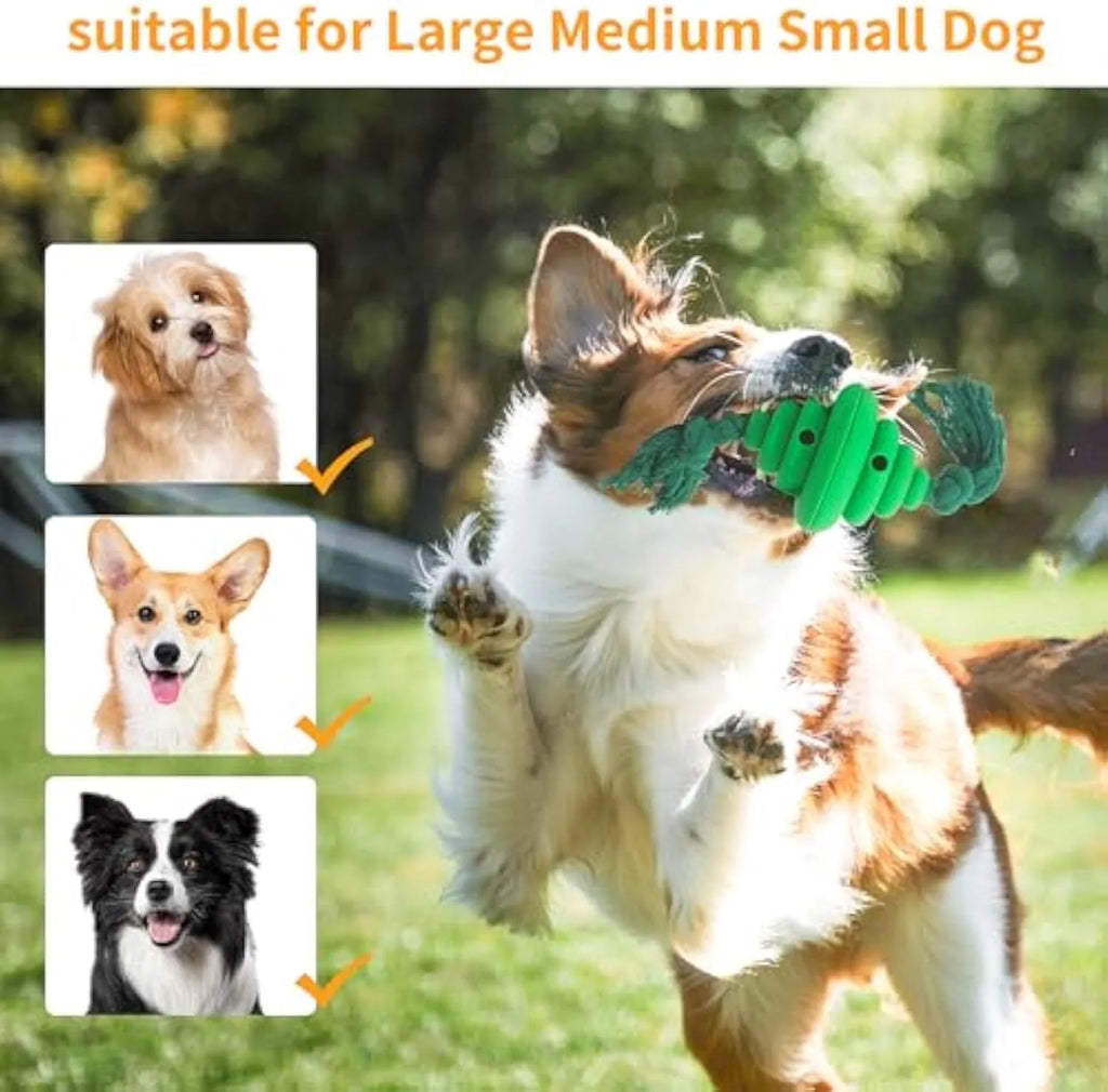 Green dog ball with rope toy showing split design and food dispenser hole