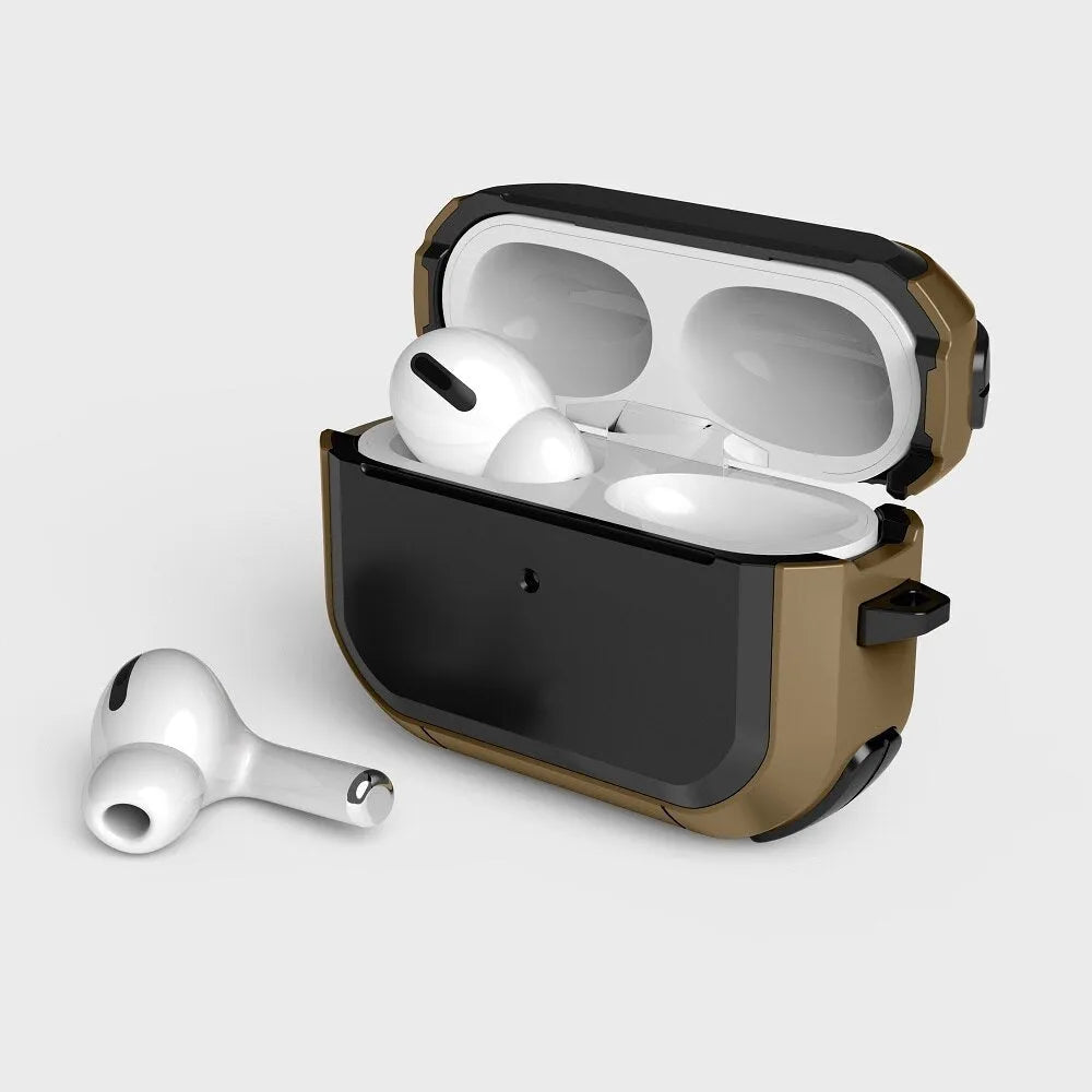 Black TPU and PC protective shell case for Apple AirPods 1, 2, and Pro charging case.