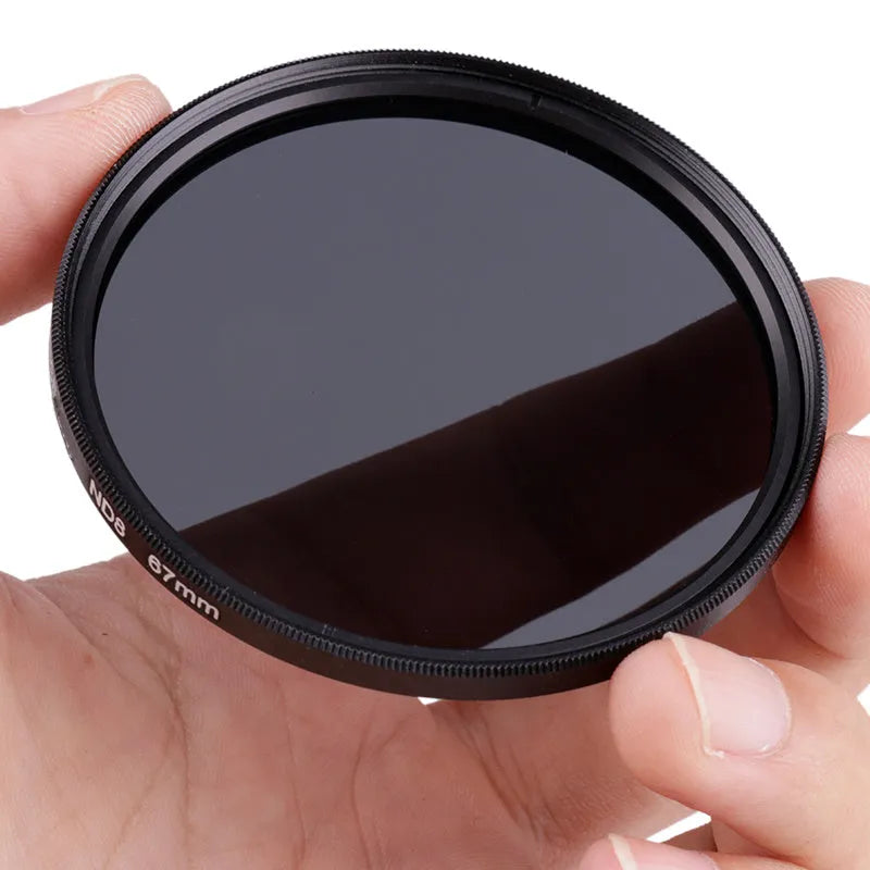 ND8 camera filter in aviation aluminium frame with optical resin lens showing thread size markings