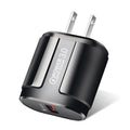 White and black mobile phone charger with international plug options showing compact dimensions