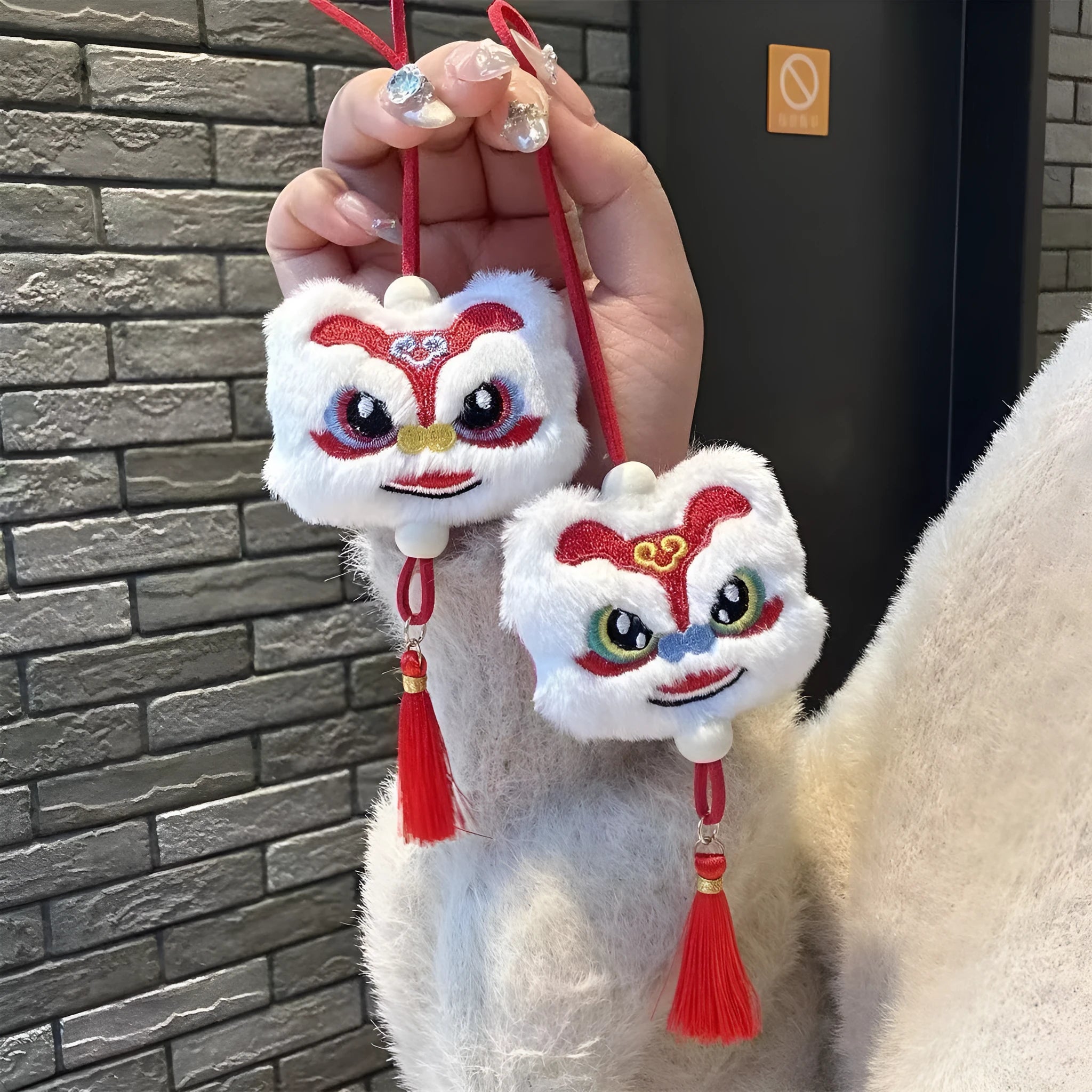 Handmade Chinese style plush lion tassel keychain ornament with star stone detail in blue colour