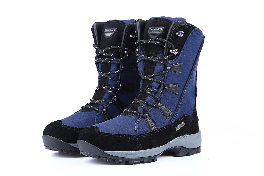 Women's black genuine leather mid-calf snow boots with round toe and rubber sole on a white background.