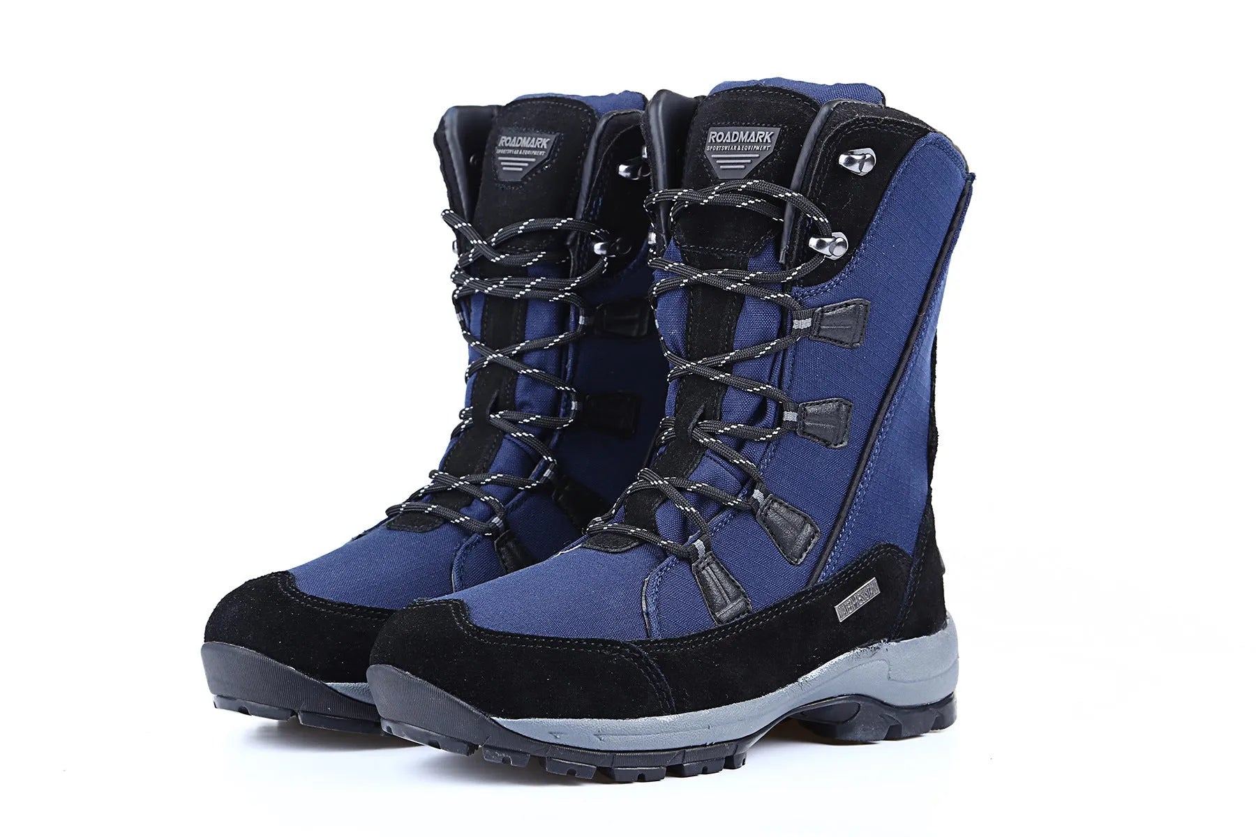 Women's black genuine leather mid-calf snow boots with round toe and rubber sole on a white background.