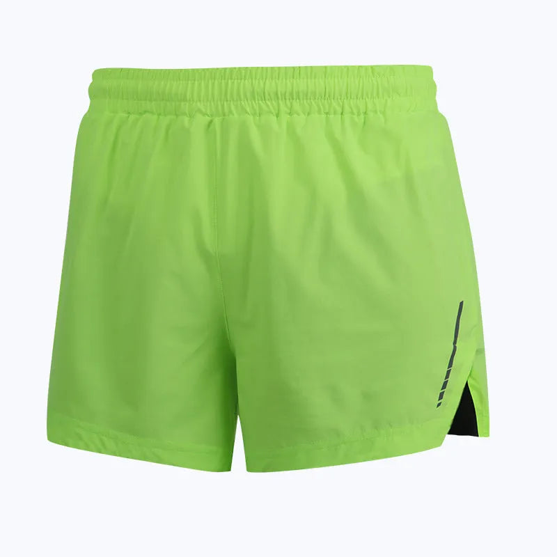 Men's quick-drying polyester marathon running shorts in black, grey, and fluorescent green with straight fit design