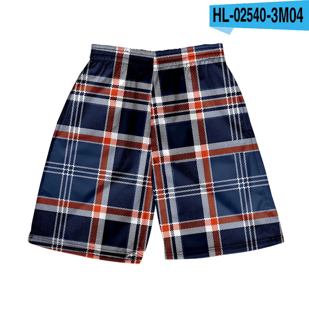 Men's plaid polyester shorts with elastic waistband in straight cut design