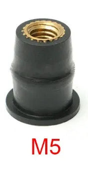 Black motorcycle windshield rubber well nut fasteners with brass threads in M4 M5 M6 sizes, kit of 10 pieces.
