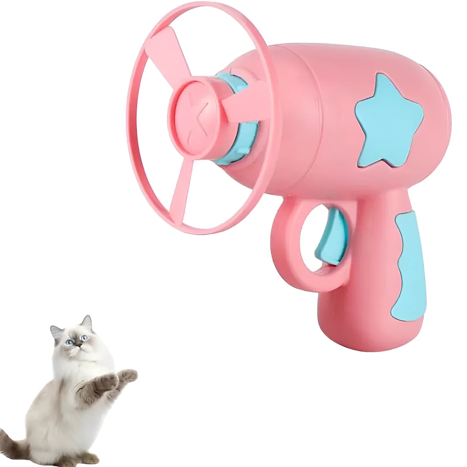 Blue interactive cat toy gun with spinning plastic frisbee for indoor feline play