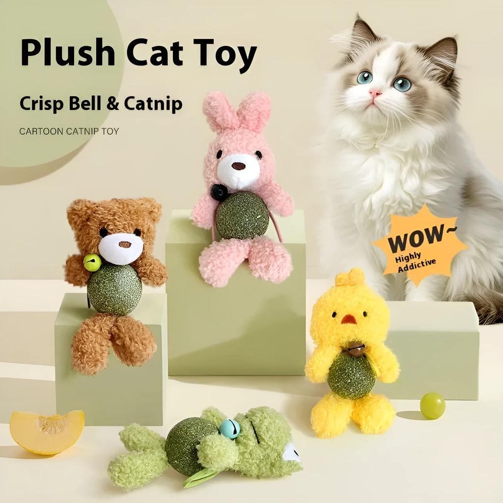 Plush cat toy shaped as a character with a mint ball, shown in brown bear, pink rabbit, piyopiyo and green frog designs.