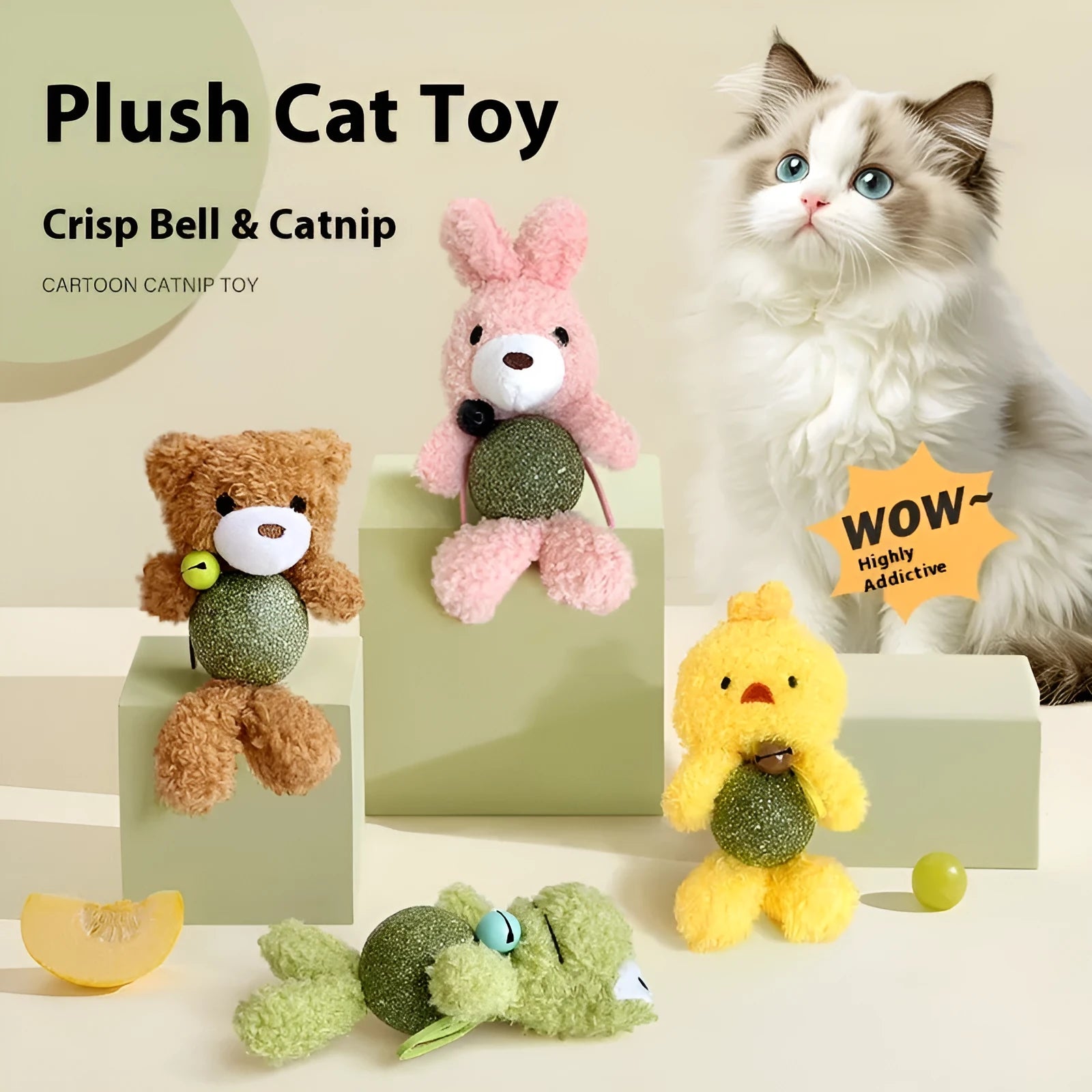 Plush cat toy shaped as a character with a mint ball, shown in brown bear, pink rabbit, piyopiyo and green frog designs.