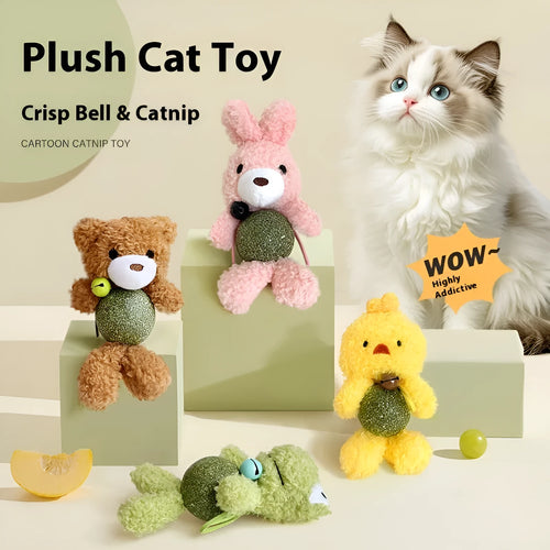 Plush cat toy shaped as a character with a mint ball, shown in brown bear, pink rabbit, piyopiyo and green frog designs.