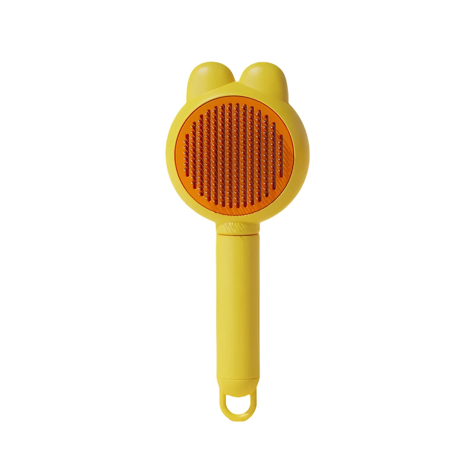 Green self-cleaning pet grooming brush with a stainless steel comb and a comfort-grip handle.