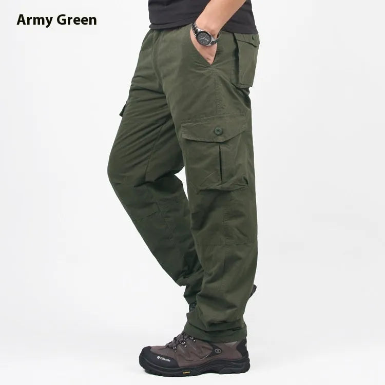 Men's loose-fit cotton velvet overalls with wool lining, shown in khaki colour.
