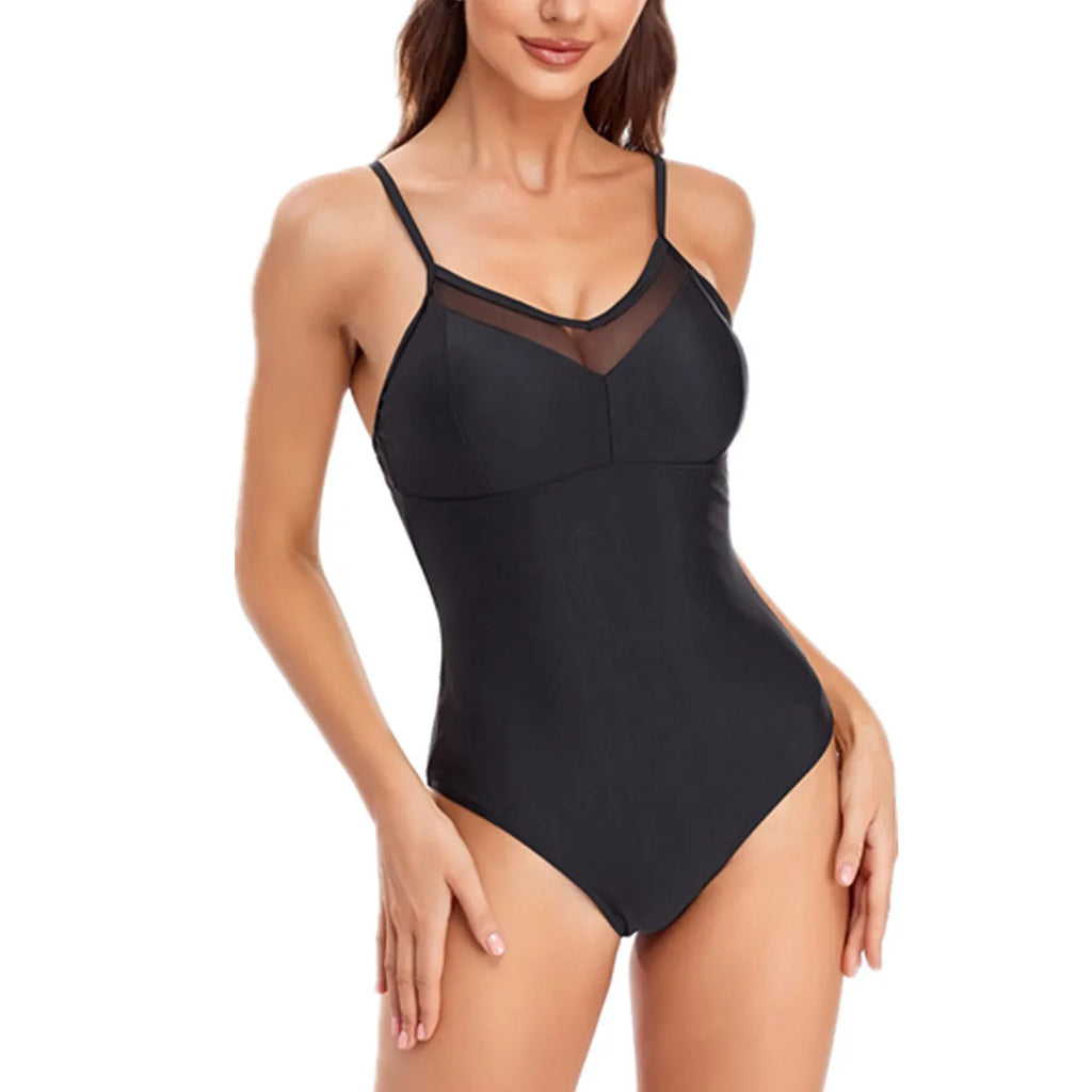 A black or blue ladies' backless one-piece swimsuit made from mesh fabric.