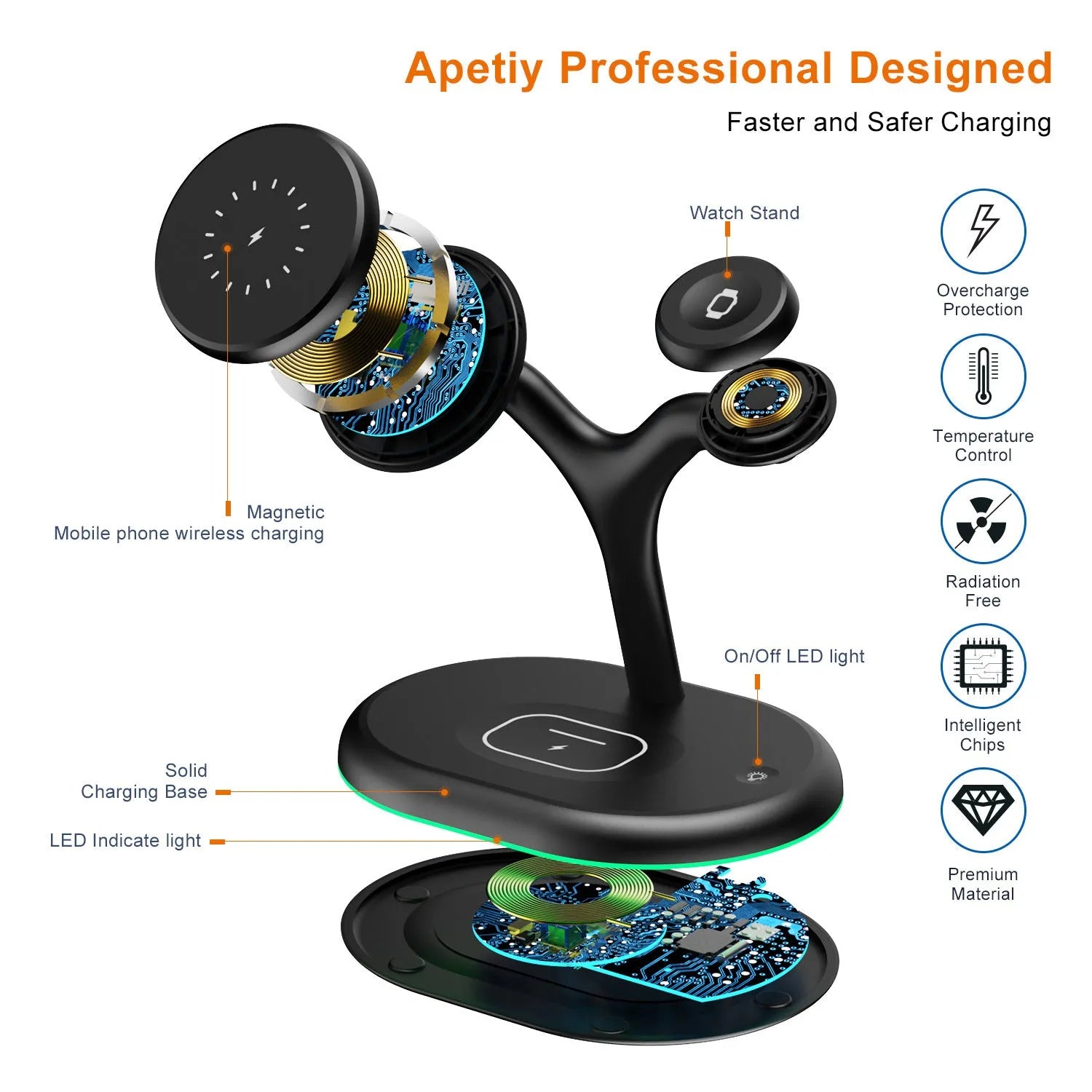 Black three-in-one magnetic wireless charger with ABS plastic casing on a desk.