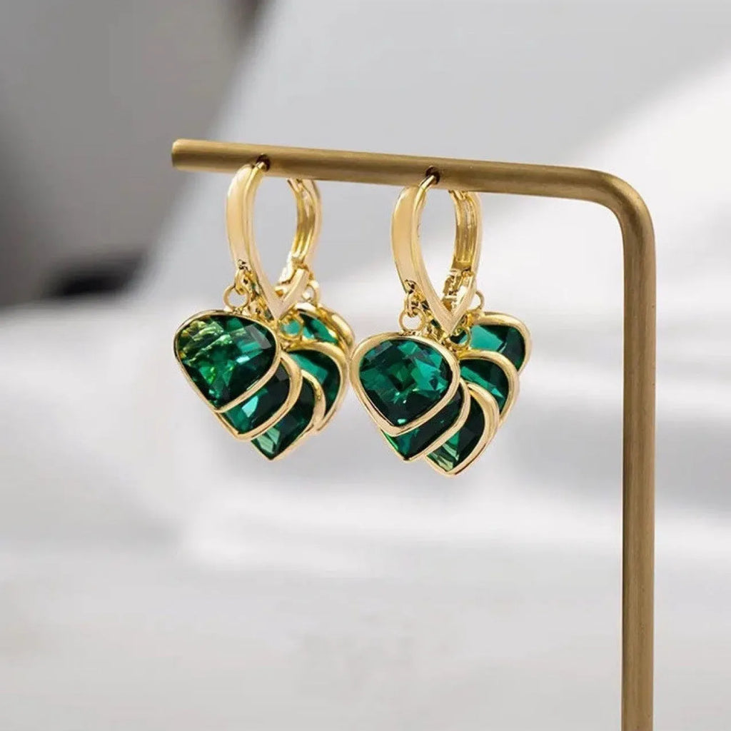 Green heart-shaped glass ear clip earrings with Korean style design and alloy accents