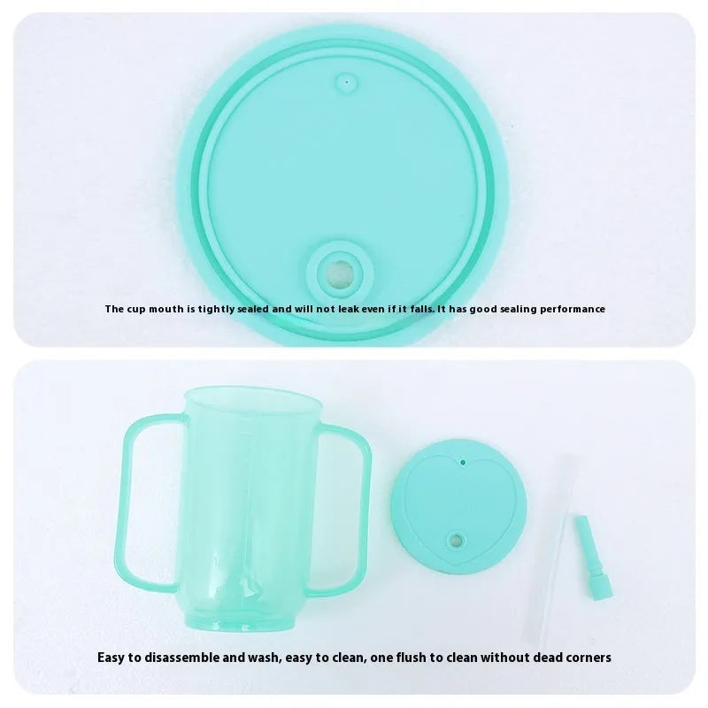 Oblique mouth bedside drinking cup with handle and optional wrist splint for elderly and pregnant users