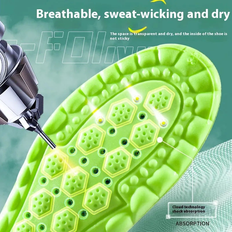 Green PU sports insoles with air cushion design and argy wormwood, shown alongside a size chart.