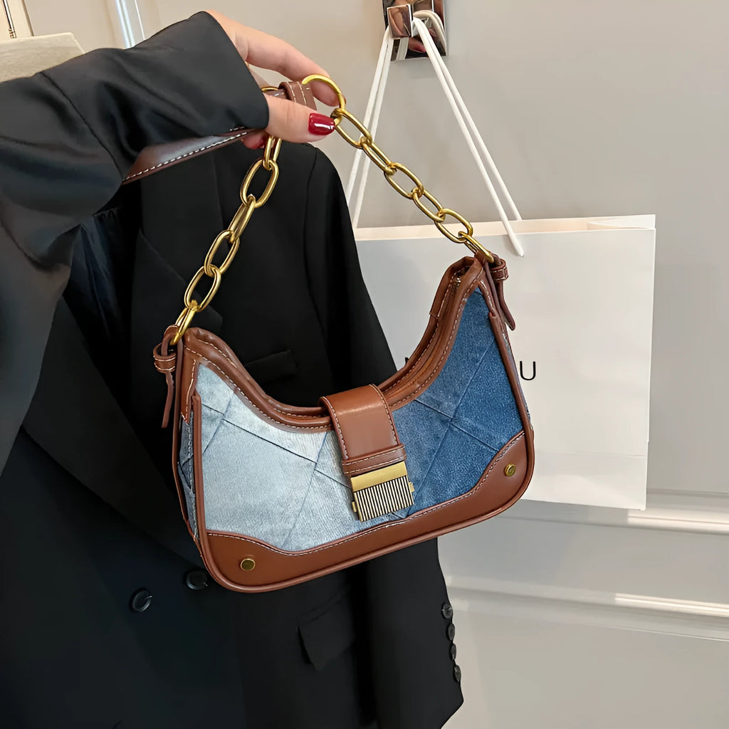 Brown denim women's bucket shoulder bag with diamond mesh pattern and chain detail