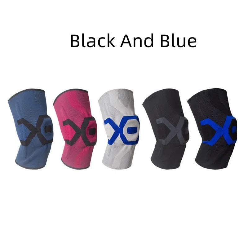 Silicone knee pad for men in black and blue colour, shown on a knee during activity.