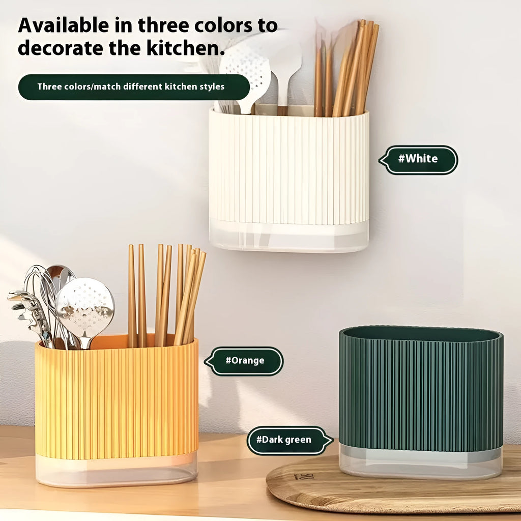 Plastic wall-mounted kitchen chopsticks basket with spoon holder and drain holes in beige colour