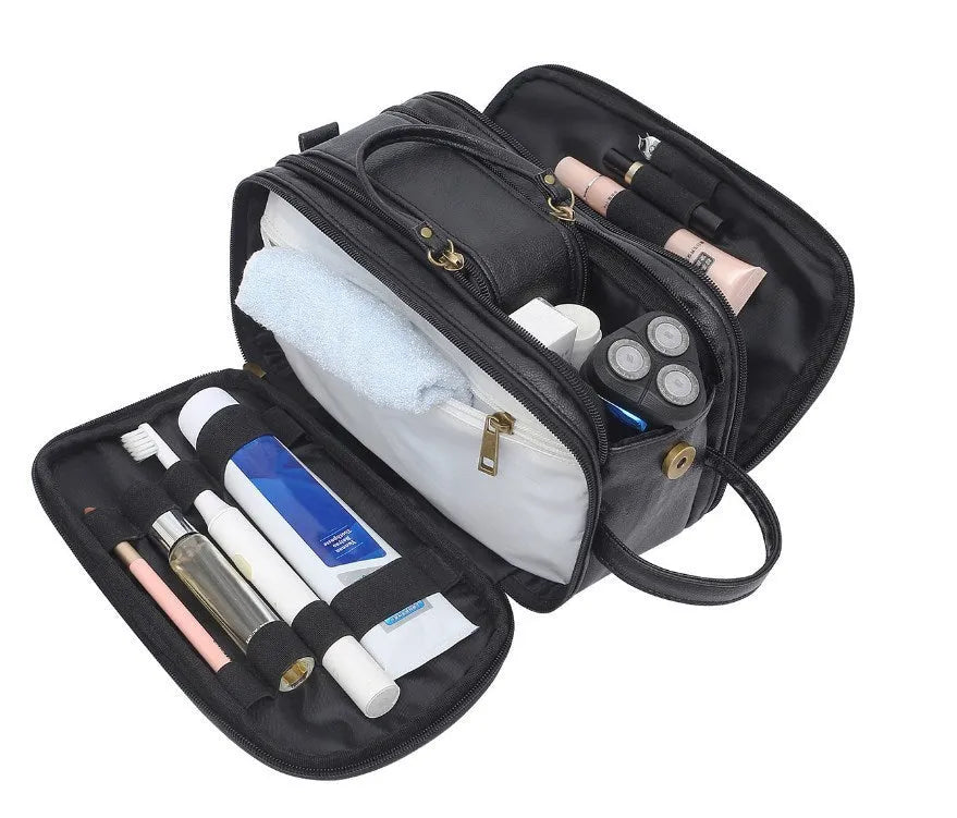Men's black and brown Pu toiletry bag for travel storage