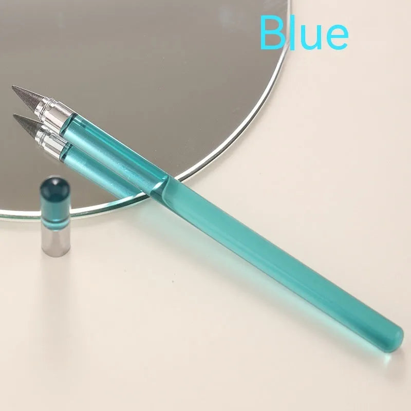 Clear acrylic eternal pencil with alloy pen head showing internal mechanism and colour refill options